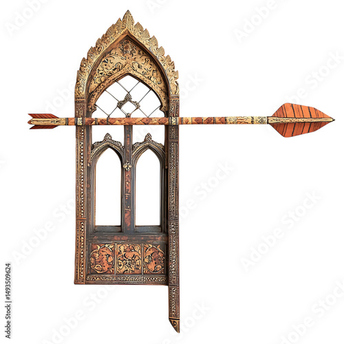 A Silk Arrow with Mughal Jharokha Windows Palace in an Arrow with a Wooden Frame and a Wooden Door Isolated on Transparent Background