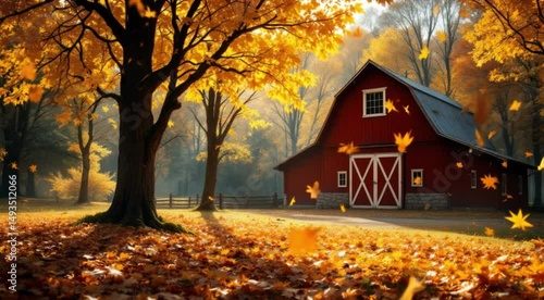 Autumn barn fall leaves golden sunlight