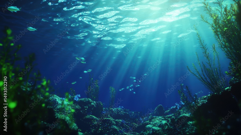 Fototapeta premium Underwater Scene with Sunlight Streaming Through Water