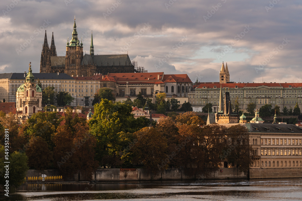 Fototapeta premium view to Prague Castle and St. Vitus Cathedral from across the river Vltava 