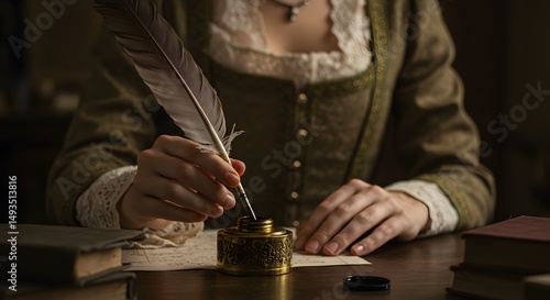 Close-up of a woman in antique historical clothing writing with an antique quill