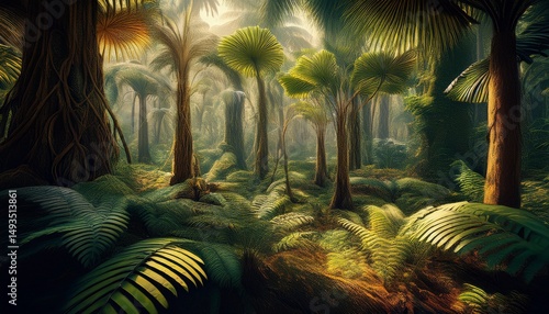 ancient tropical forest filled with ferns cycads and ginkgo trees from the mesozoic era
