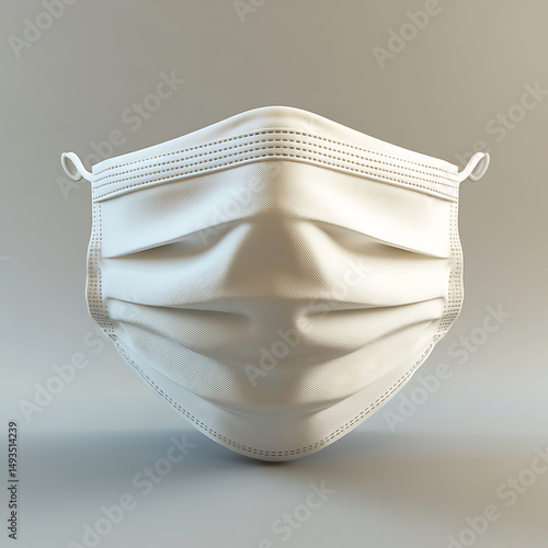 A pristine white surgical face mask stands centered against an isolated grey backdrop