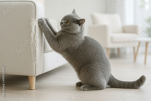 Gray British cat scratching the side of a sofa in a bright room. Damaged furniture, typical indoor cat behavior, cozy interior.