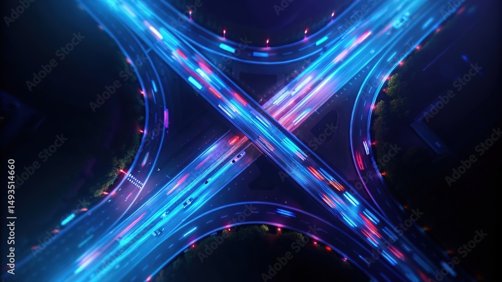 Obraz premium Aerial view presents bright light trails from vehicles moving across illuminated highway interchange at night