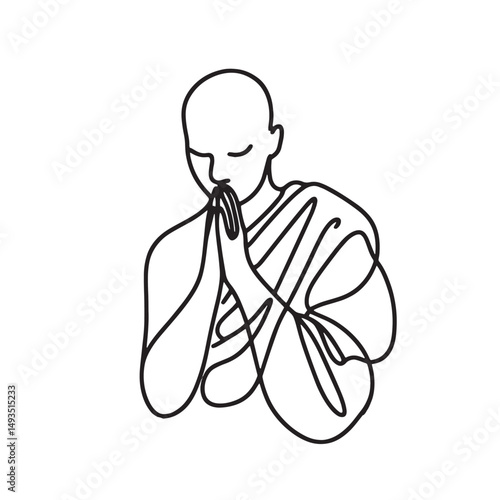 praying monk vector  simple continuous one line drawing