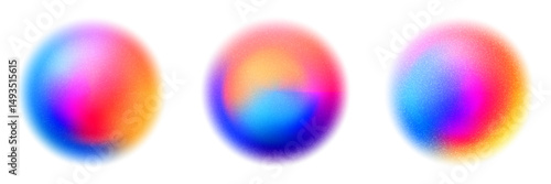Multicolor gradation sphere with noise texture. Blurred neon ball with rainbow color transitions. Red, yellow and blue bubble. Iridescent blobs. Abstract vector elements.