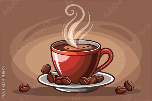 Warm cup of coffee with steam rising above on a brown background featuring coffee beans scattered nearby