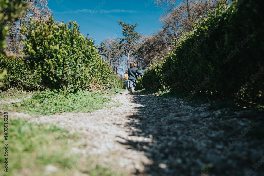 Fototapeta premium A young child strolls along a picturesque garden path framed by lush hedgerows, basking in the pleasant spring weather.