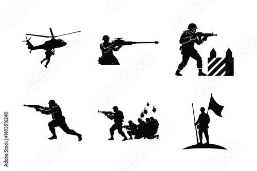 Silhouettes of Armed Soldiers in Combat and Tactical Poses – Military Vector Set