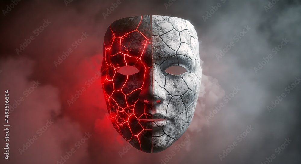 Fototapeta premium Fractured mask with glowing lava-like cracks, 3D render style, in fiery red, dark grey, and smoky black, representing inner conflict or transformation