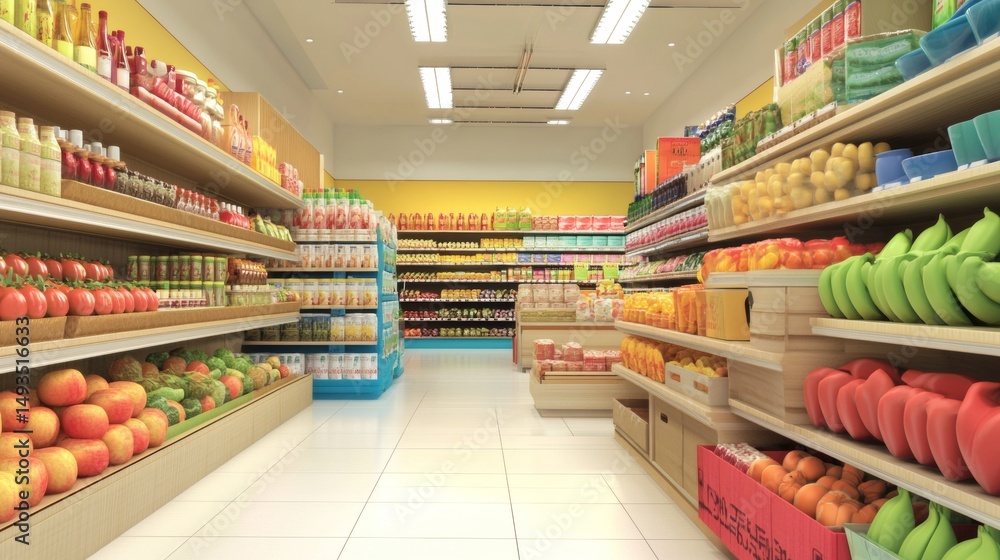 Naklejka premium Modern supermarket produce section with organized colorful fruits and vegetables in neat shelves