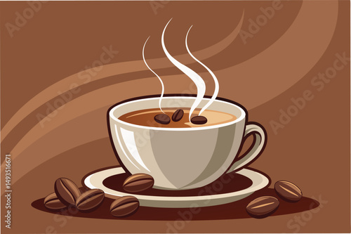 Warm cup of coffee with steam rising above on a brown background featuring coffee beans scattered nearby