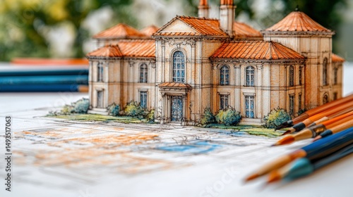 Architectural model and sketch with colored pencils on table background