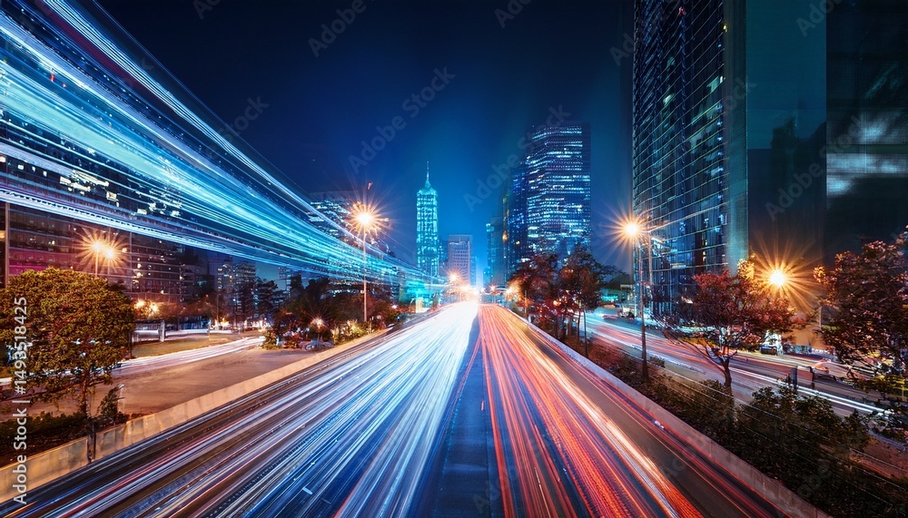 Obraz premium city nightscape with light trails stunning long exposure photograph of city streets at night showcasing vibrant light trails from moving vehicles