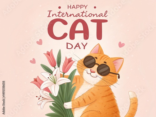 Celebrating International Cat Day with Cute Tabby Cat with a Colorful Bouquet