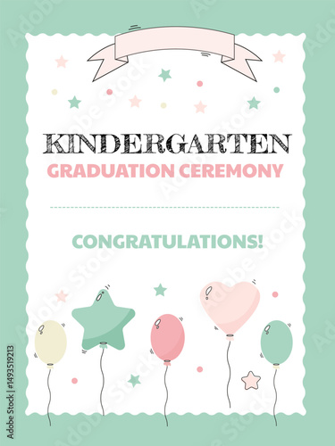 Cute diploma for kindergarten graduates with colored balloons and starsCute diploma for kindergarten graduates with colored balloons and stars
