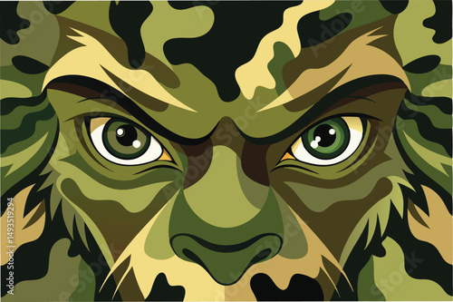 Camouflage soldier illustration with intense gaze surrounded by green foliage in a vector art style