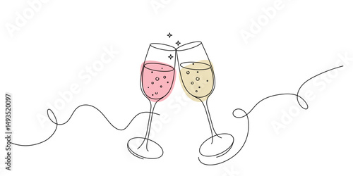 Continuous one line drawing of two champagne glasses. Illustration in simple linear style. Vector isolated on white background