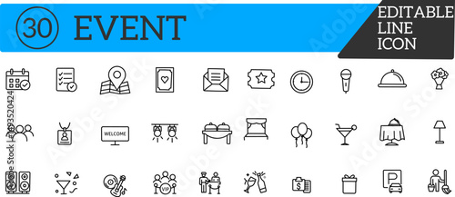 Vector illustration in modern thin line style of event-related icons: scheduling, logistics, invitation, management, and more. Pictograms and infographics for professional use.