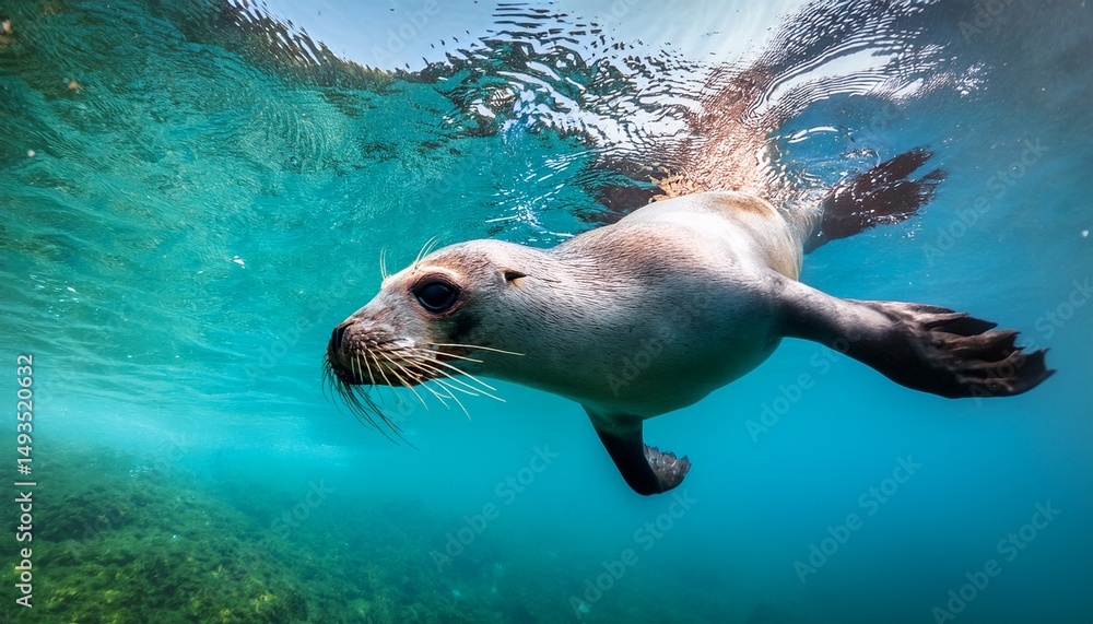 Fototapeta premium close up of a playful seal swimming underwater in crystal clear turquoise water capturing the beauty of marine life