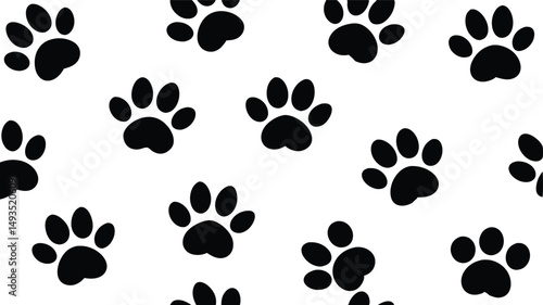 Black Paw Prints Pattern on White Background.