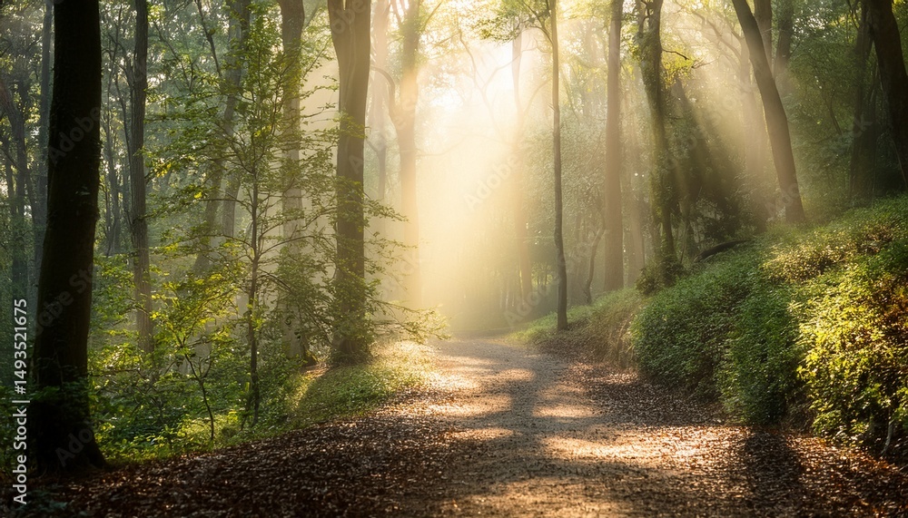 Obraz premium misty forest path sunlight dappled nature tranquility background design