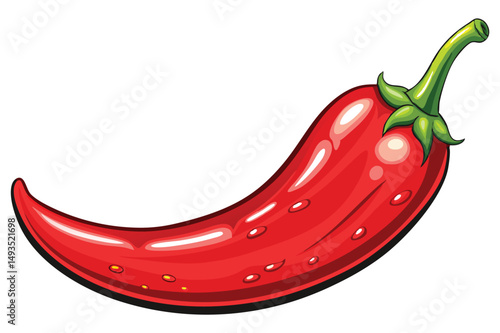 Red hot chili pepper vector illustration with a shiny surface and green stem showcasing its vibrant color and smooth texture