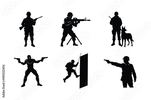 Silhouettes of Armed Soldiers in Combat and Tactical Poses – Military Vector Set