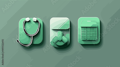 Minimalistic medical icons including stethoscope, medicine dispenser, and calendar in a flat design style