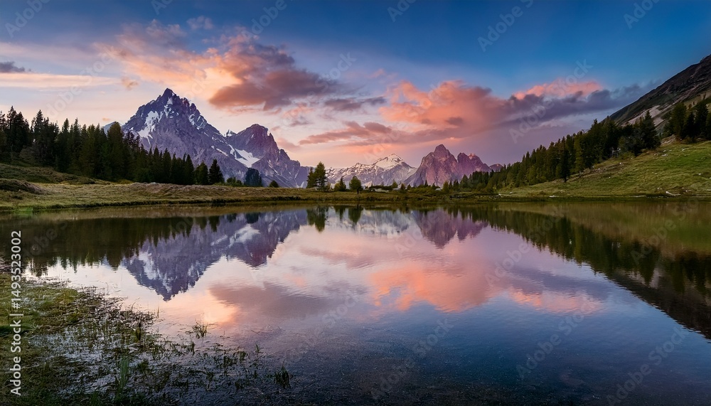 Fototapeta premium serene mountain landscape reflecting in calm waters under a dramatic sky at twilight