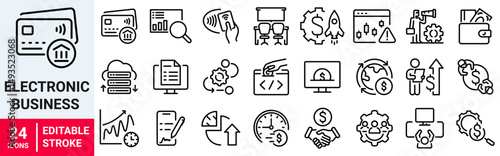 Electronic business line web icons. growth. Shop, Social media. Editable stroke.
