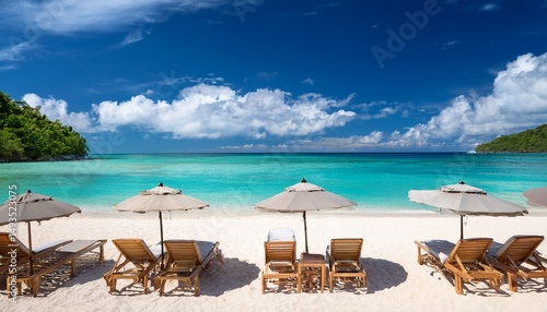 paradise beach with sunbeds and umbrellas on turquoise water and white sand