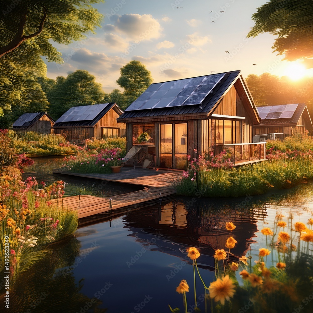 Obraz premium Nachhaltige Tiny-Häuser am See mit Badesteg und Naturgarten