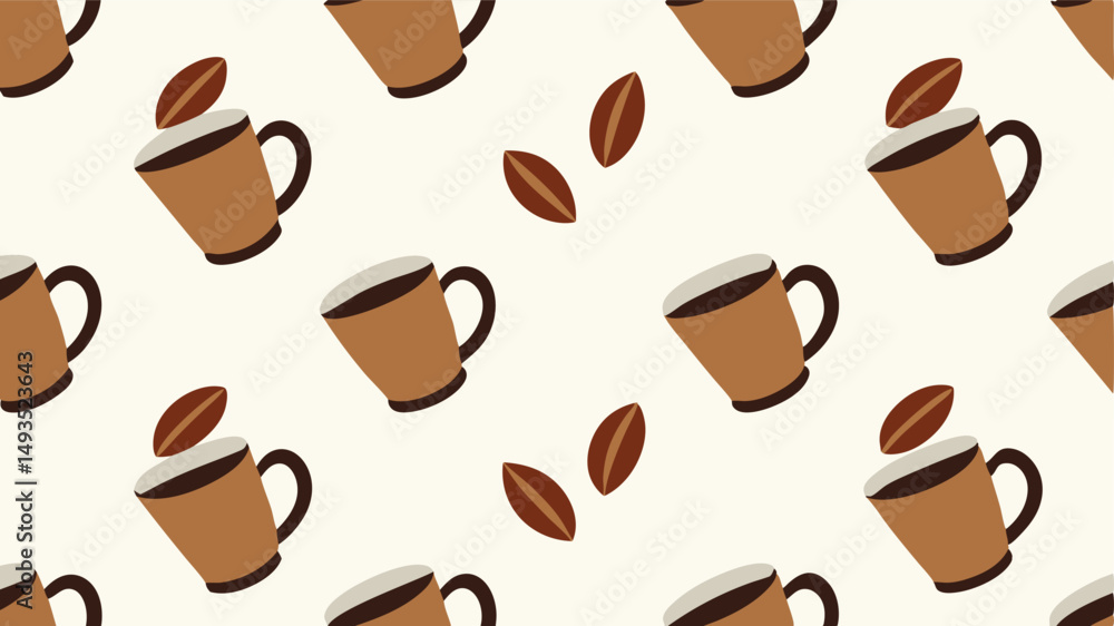 Obraz premium Coffee Cups and Beans Seamless Pattern on White Background.