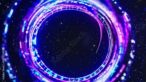 Spinning neon circles generating luminous color trails, creating mesmerizing visual patterns against dark backdrop with continuous looping motion