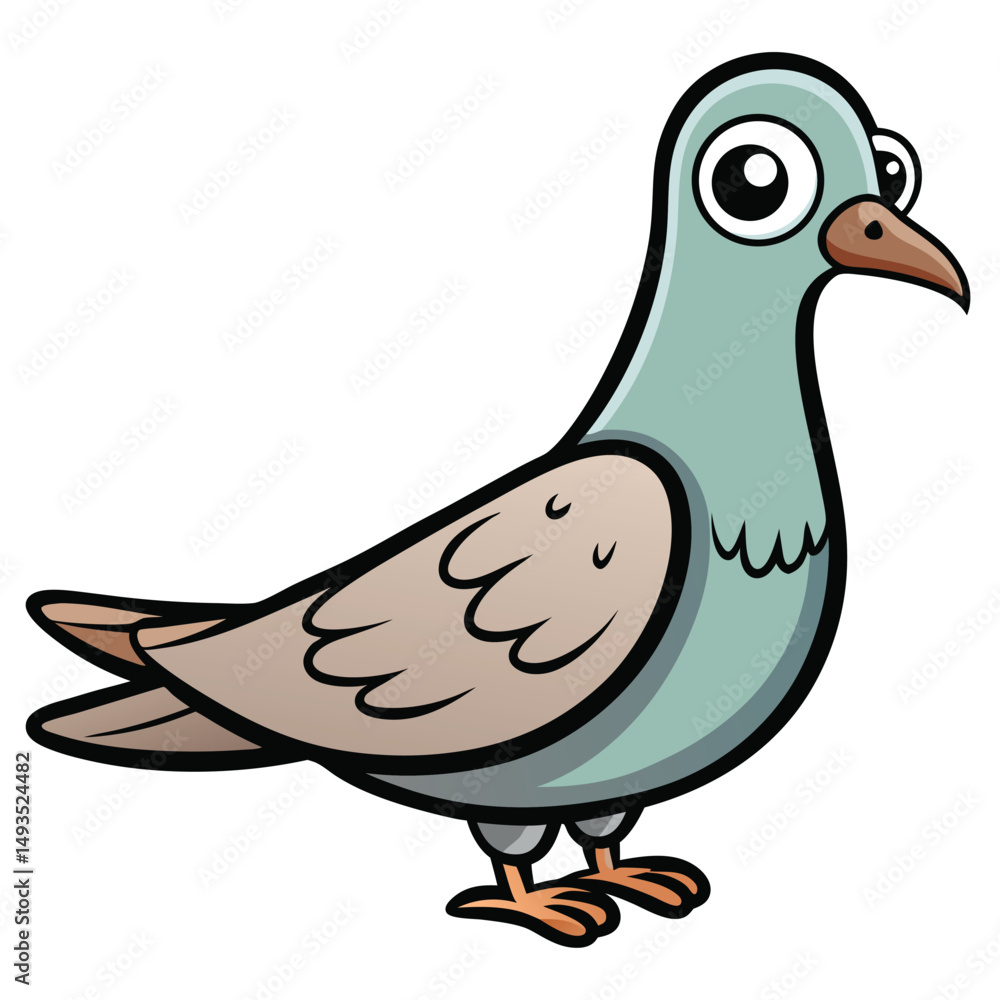 Fototapeta premium Cartoon pigeon stands upright looking forward with round expressive eyes is shown here