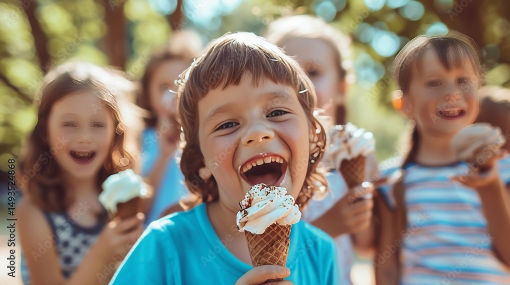 A group of children enjoying ice cream on a hot summer day, with the focus on their expressions of joy and the casual, carefree atmosphere. A group of children enjoying ice cream on a hot summer day, with the focus on their expressions of joy and the casual, carefree atmosphere.