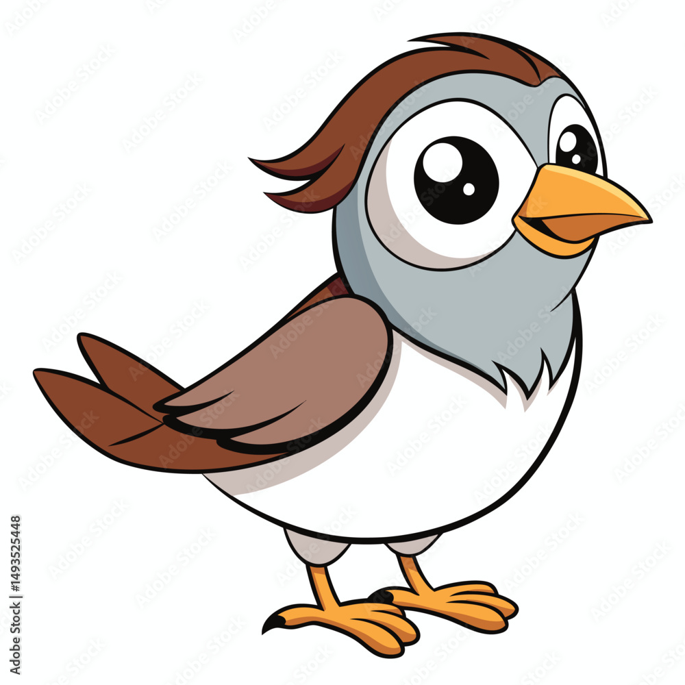 Fototapeta premium Cartoon sparrow stands showing its brown feathers and yellow beak while observing something