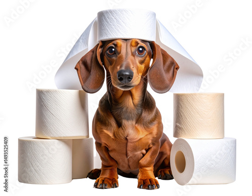 Adorable Dachshund with Toilet Paper Roll Hat, Isolated on Transparent background png