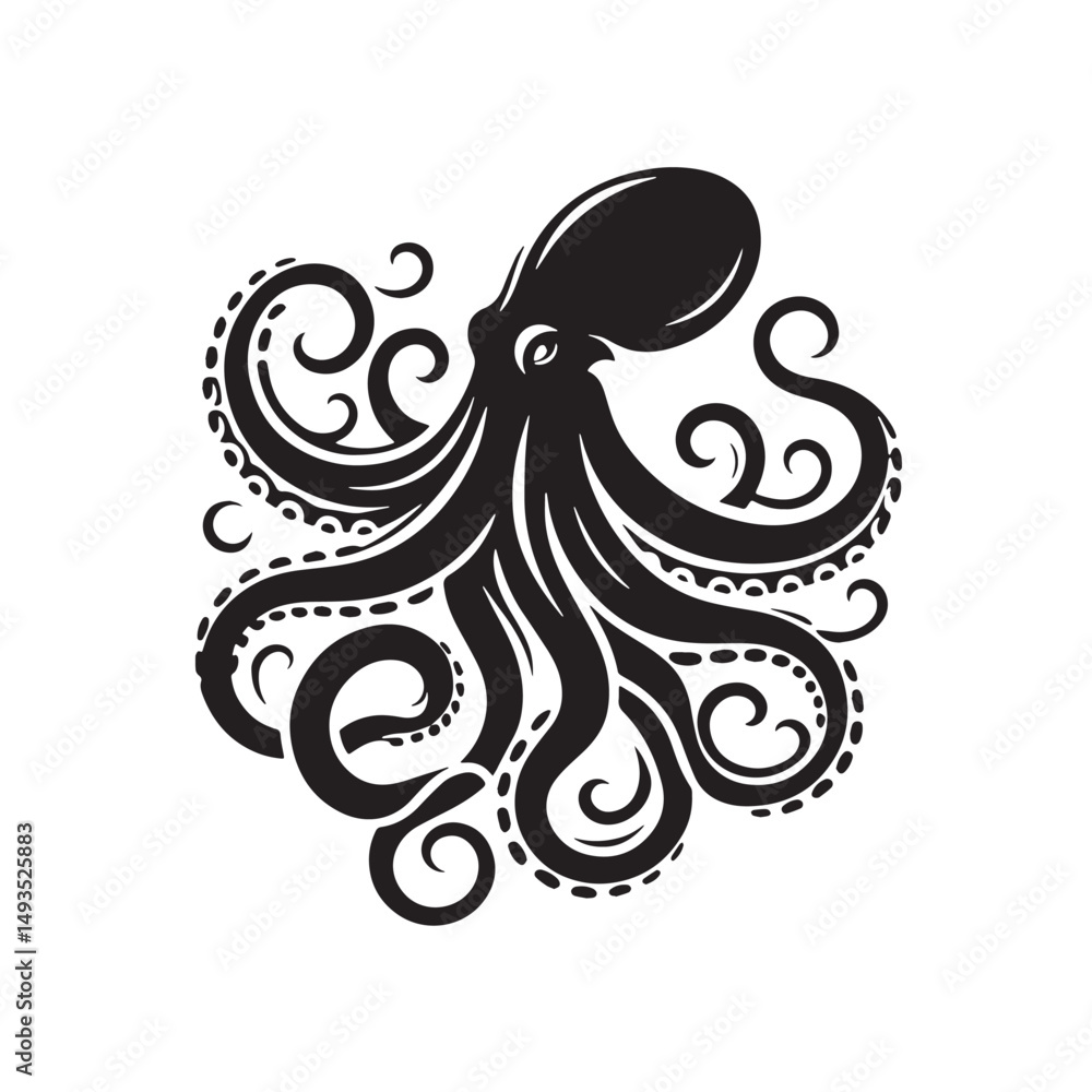 Obraz premium Black Color Octopus Silhouette Vector Illustration, Solid White Background. minimal vector design