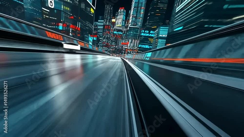High-speed motion through a futuristic neon city; an exciting glimpse into advanced urban transportation