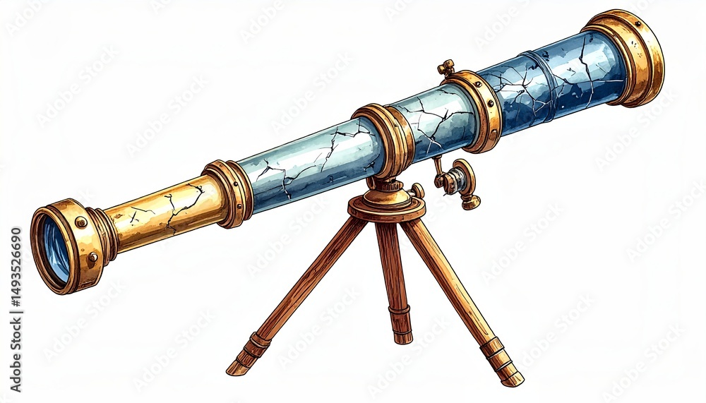 Obraz premium Beautiful illustration of a classic antique telescope on a tripod stand isolated on white