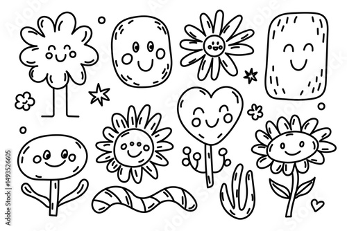 Charming Illustration of Cute Cartoon Flowers Accompanied by Happy and Playful Characters