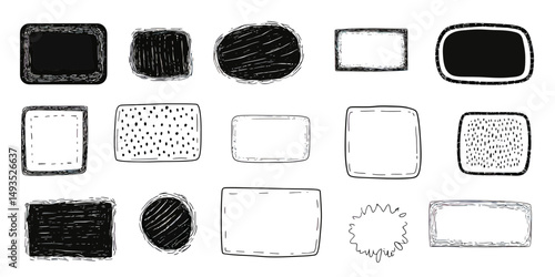 Hand drawn doodle frames set with various black and white scribble square and oval shapes for text borders and placeholders vector illustration