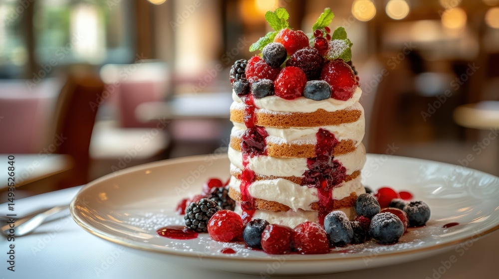 Delicious Berry Cake with Cream, Mint, and Red Glaze. Sweet Dessert Delight Delicious Berry Cake with Cream, Mint, and Red Glaze. Sweet Dessert Delight