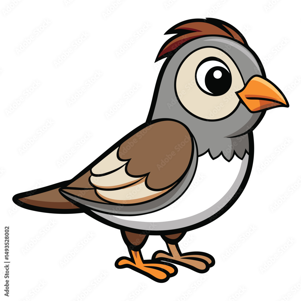 Fototapeta premium Cartoon sparrow bird in profile stands cheerfully with brown feathers on a white backdrop