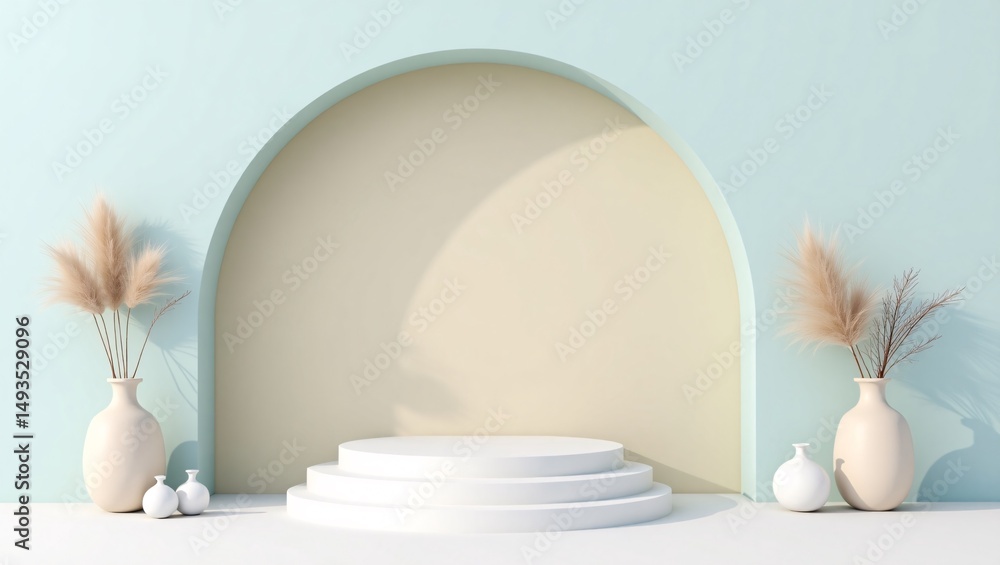 Fototapeta premium Minimalist 3D Render of Product Display Podium with Pampas Grass and Ceramic Vases in Soft Pastel Interior