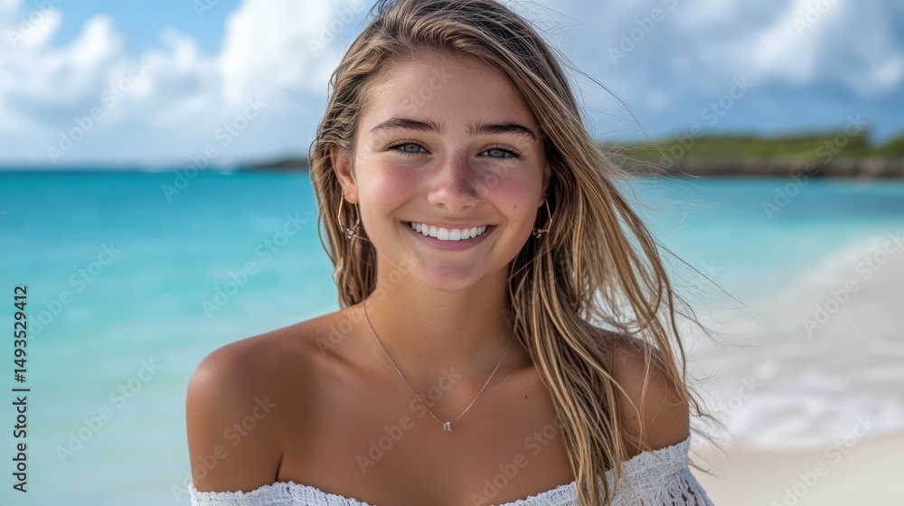 Smiling Girl at Beach, Tropical Paradise with Turquoise Water, Vacation Bliss Smiling Girl at Beach, Tropical Paradise with Turquoise Water, Vacation Bliss