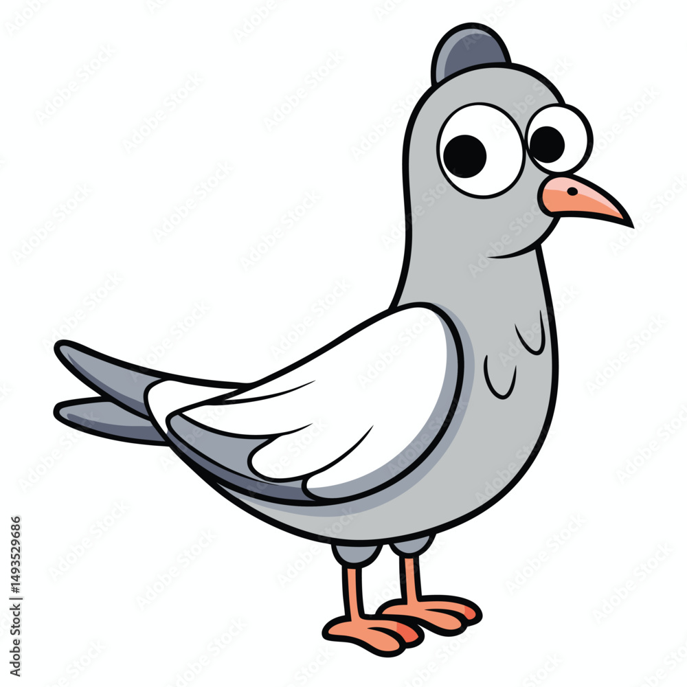 Fototapeta premium Cartoon pigeon with large eyes stands while facing right on a white background